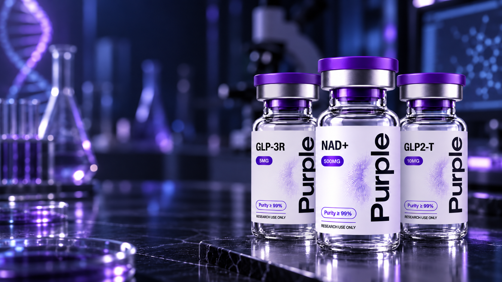 Purple research vials in a laboratory